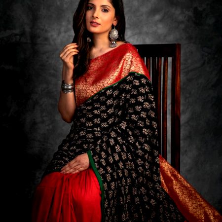 Black Ajrak Saree with Banarasi Silk Detailing